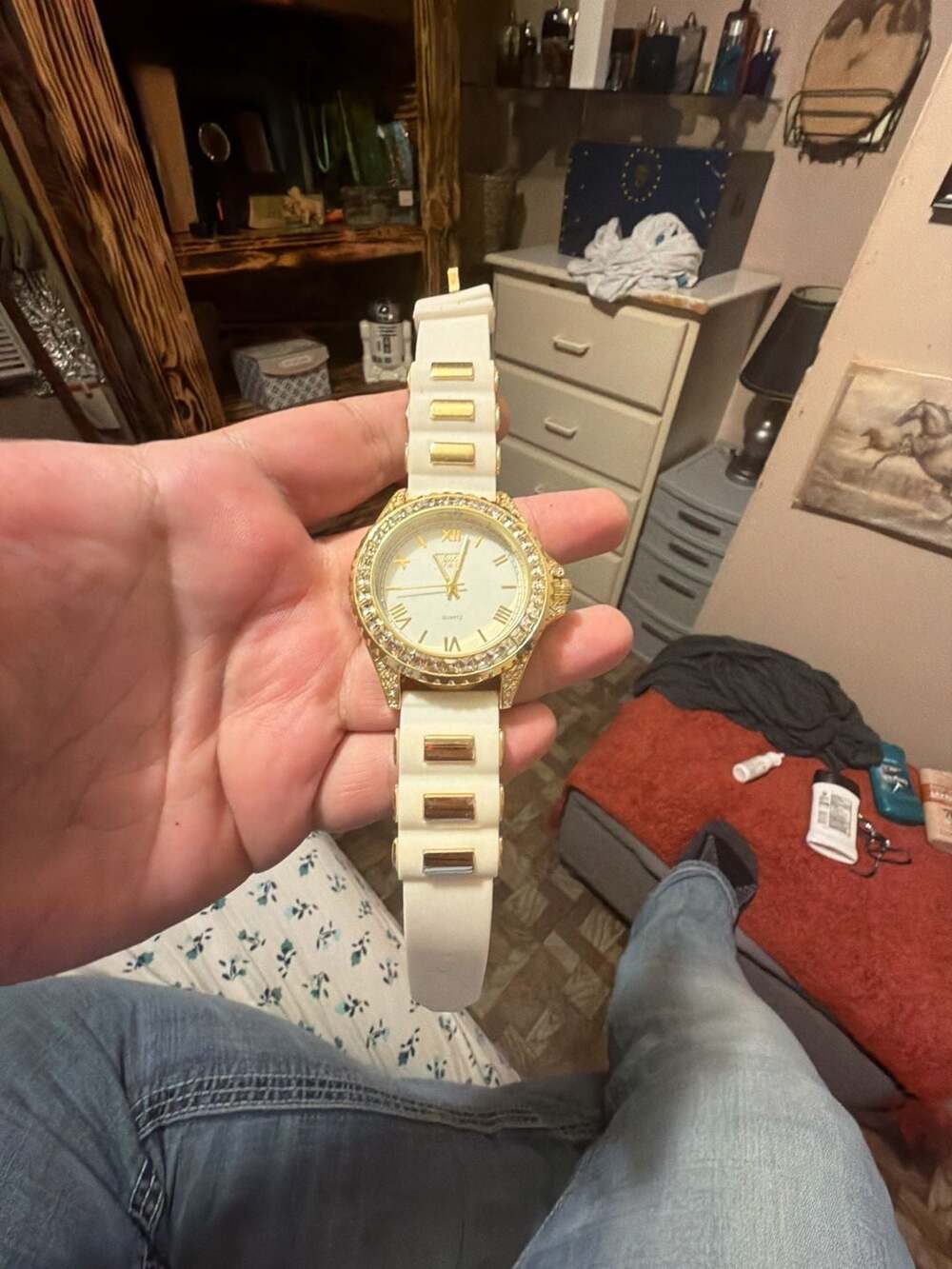 Techno Pave Quartz Watch No. 9637X Gold Tone White Silicone Band